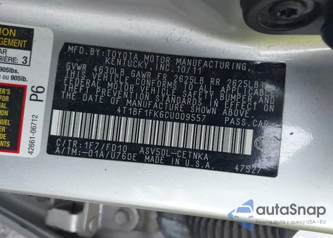 2012 Toyota Camry Le from USA, damaged, VIN 4T1BF1FK6CU009557